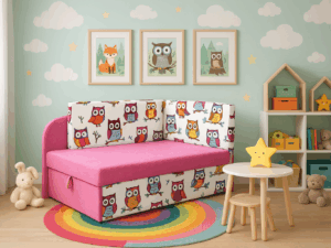 Narożnik dziecięcy sofka z funkcją spania bajkowe kolory